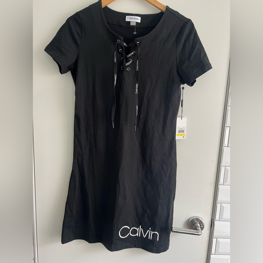 NWT Calvin Klein black cotton tshirt dress tie logo Y2K medium
